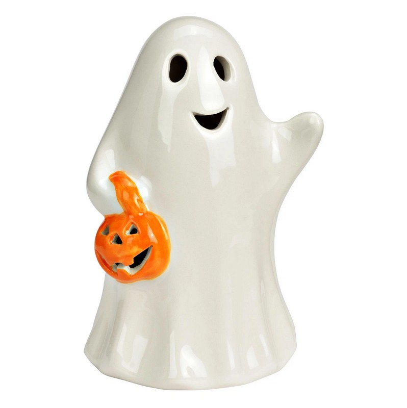 Fantasma con zucca in ceramica dotato di luce led calda, pile incluse, ideale come decoro di Halloween